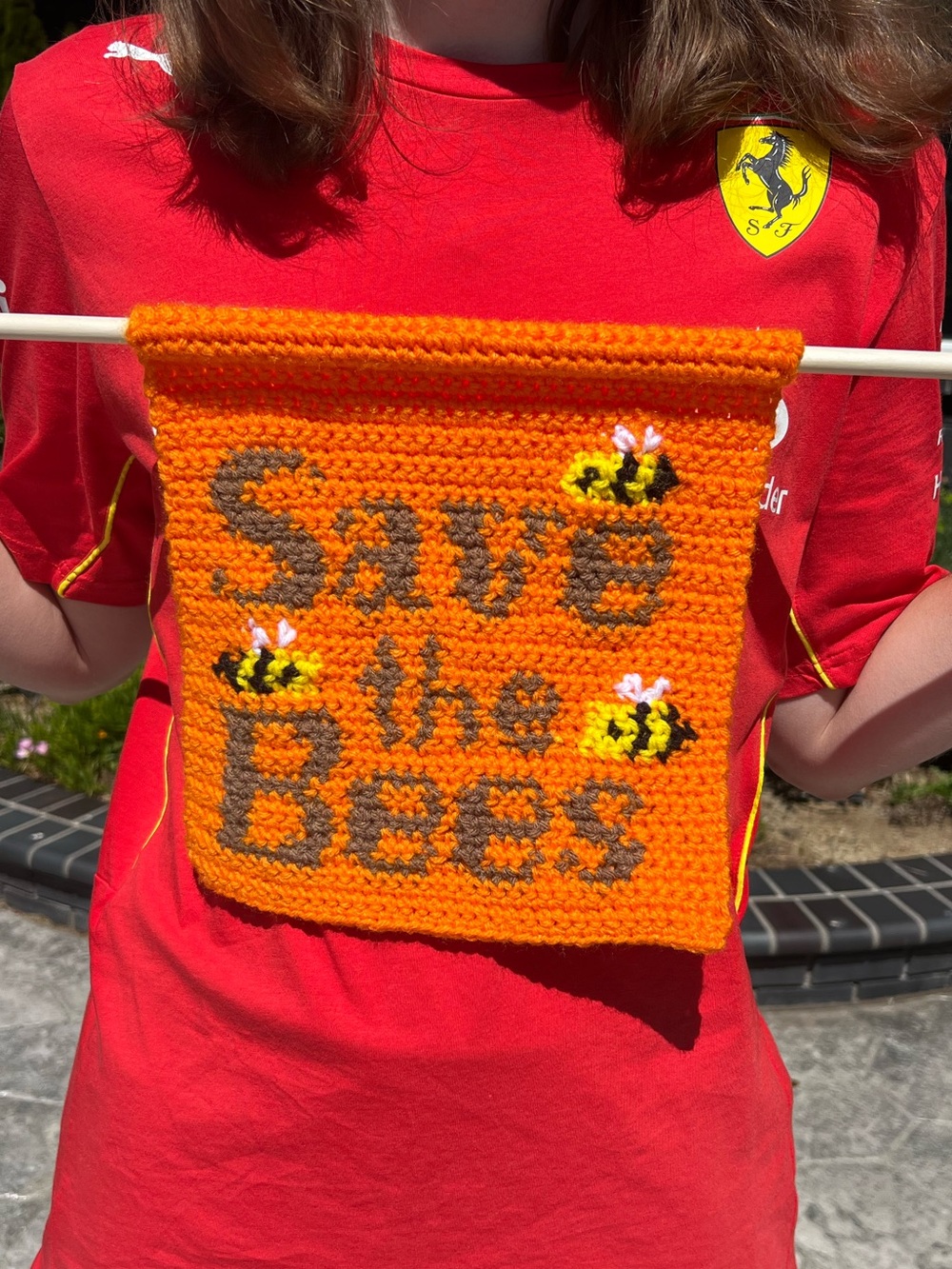 Hand Crocheted Small Orange Wall Hanging Tapestry Save the Bees
